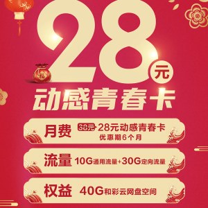 新入网（免费赠送1张移动青春卡，内含40G流量+100元话费）